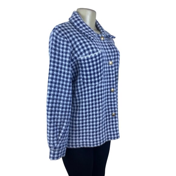 Max Studio Womens Blue/White Fuzzy Checker Jacket Snap Button Front Size M - Picture 2 of 8